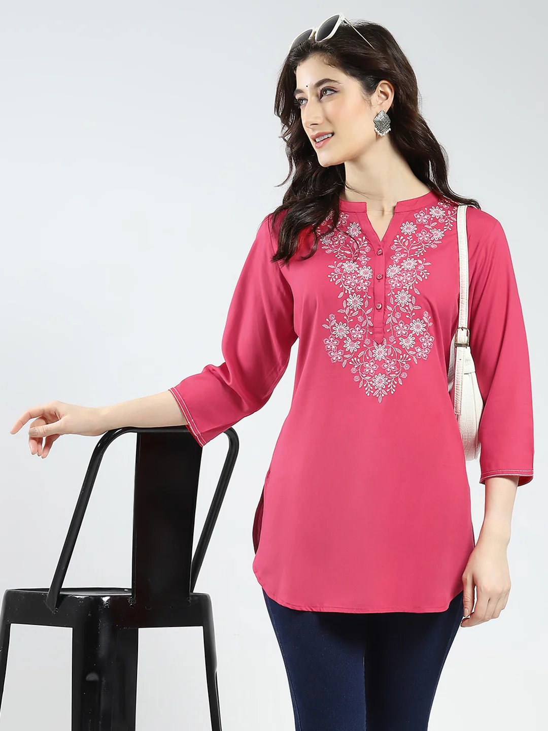 Women Pink Embroidered Band Neck 3/4th Sleeve Top - Image 6