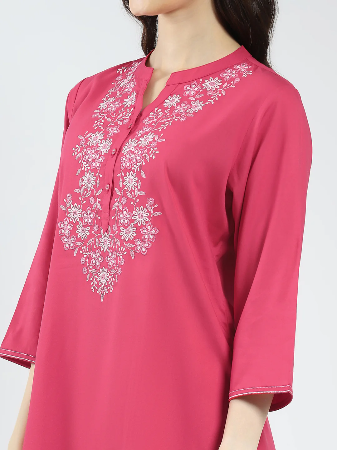 Women Pink Embroidered Band Neck 3/4th Sleeve Top - Image 7