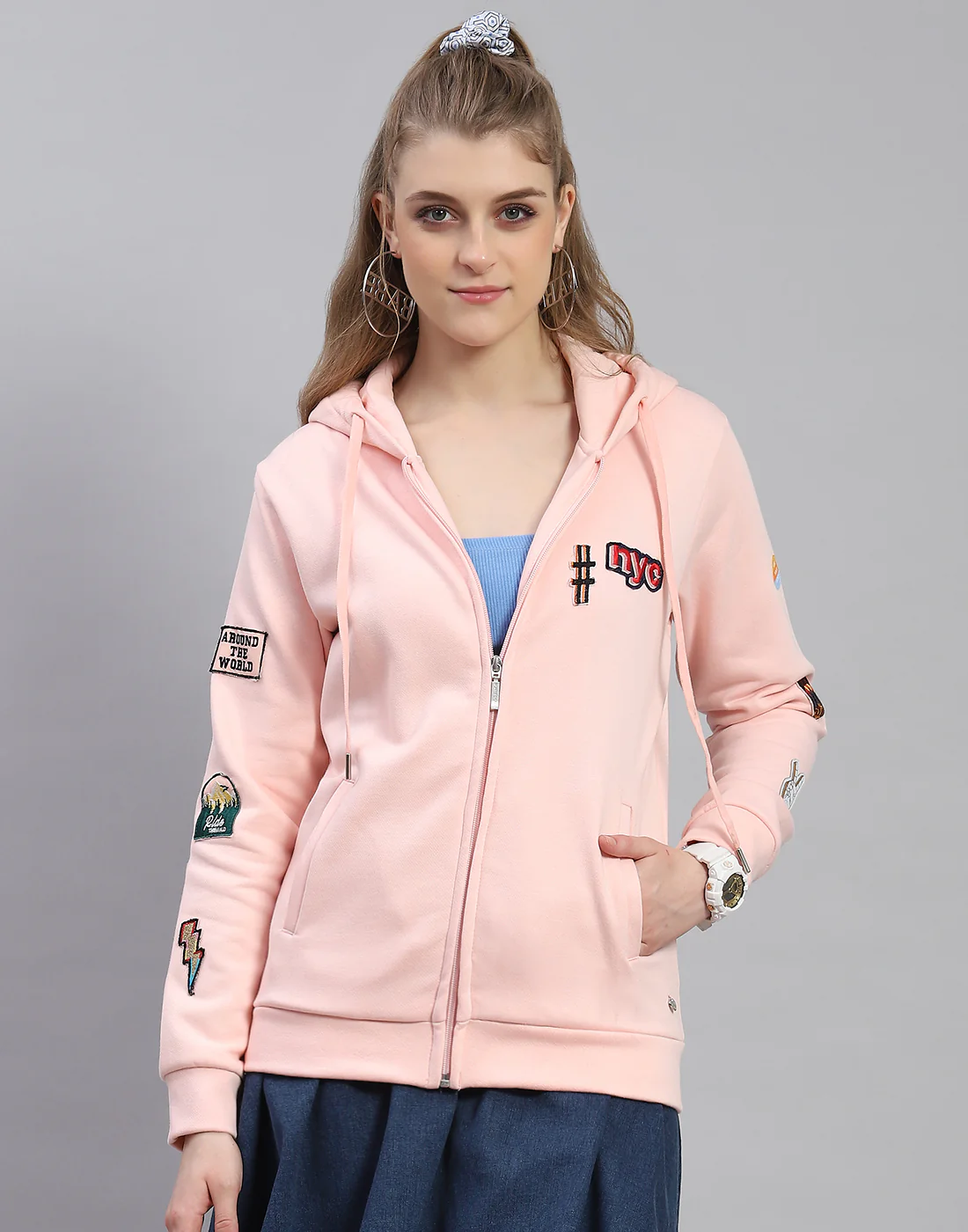 Women Pink Embroidered Hooded Full Sleeve Sweatshirt - Image 3