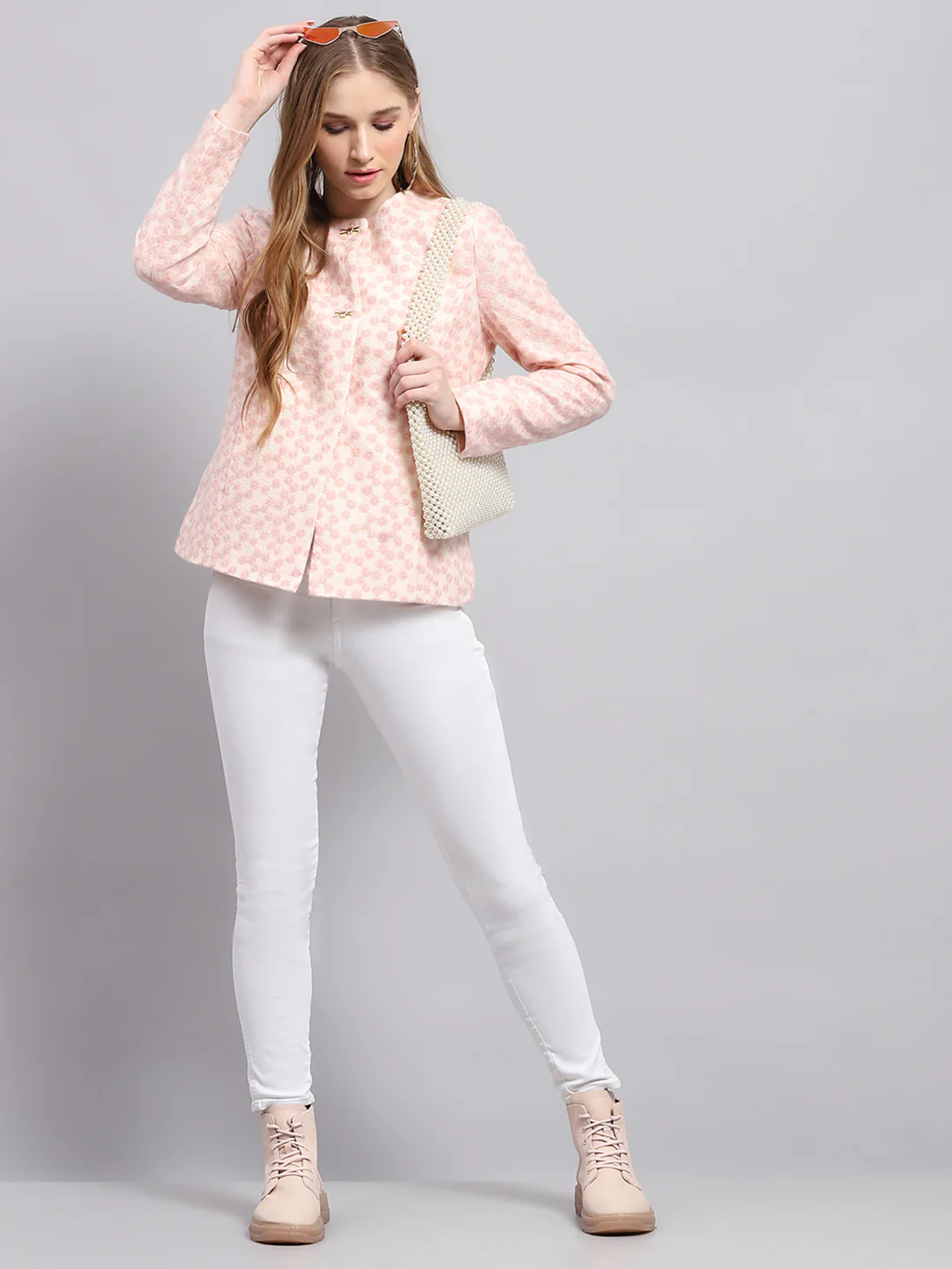Women Pink Embroidered Round Neck Full Sleeve Coat - Image 2