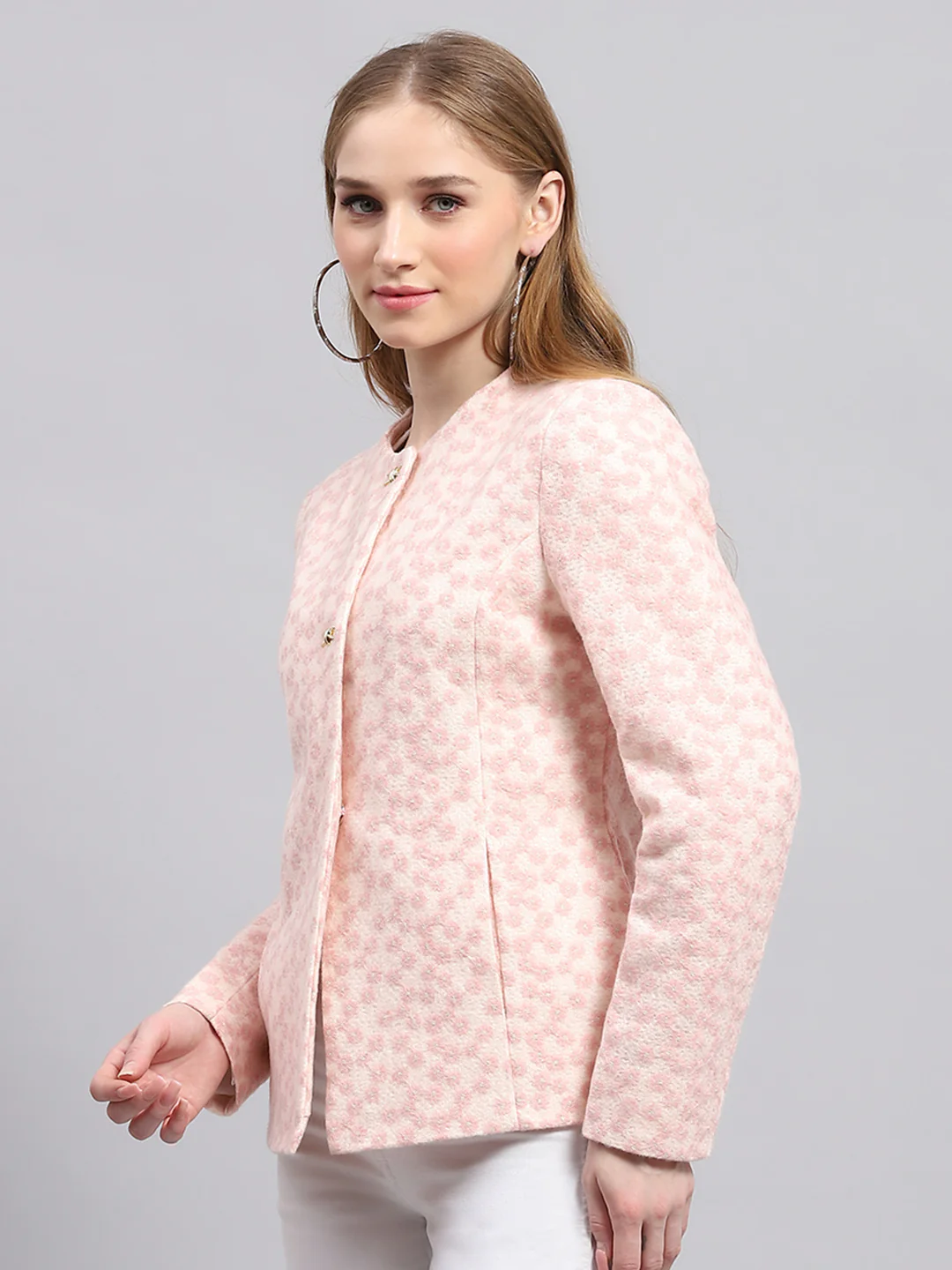 Women Pink Embroidered Round Neck Full Sleeve Coat - Image 3