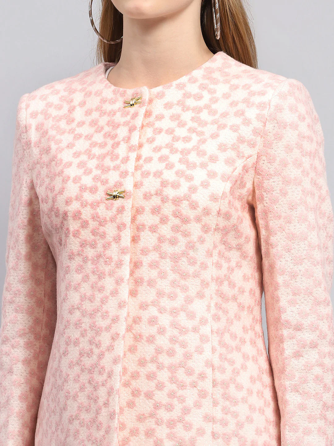 Women Pink Embroidered Round Neck Full Sleeve Coat - Image 6
