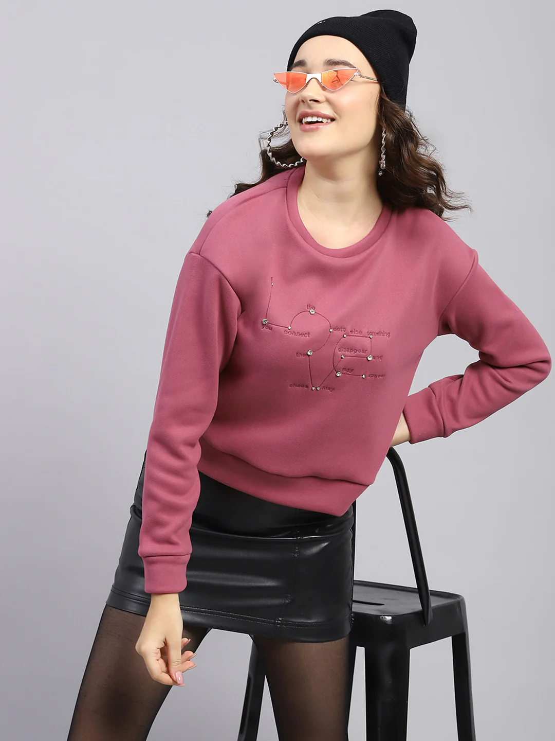 Women Pink Embroidered Round Neck Full Sleeve Sweatshirt - Image 6