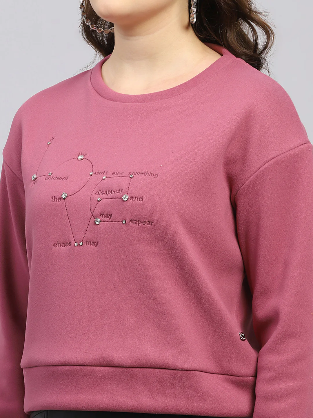 Women Pink Embroidered Round Neck Full Sleeve Sweatshirt - Image 7