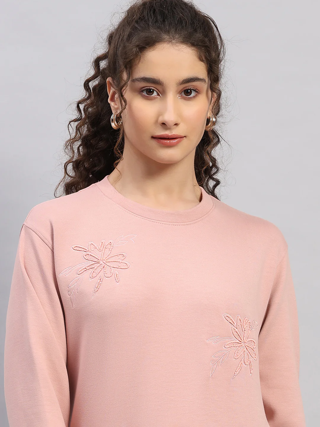 Women Pink Embroidered Round Neck Full Sleeve Sweatshirt - Image 6