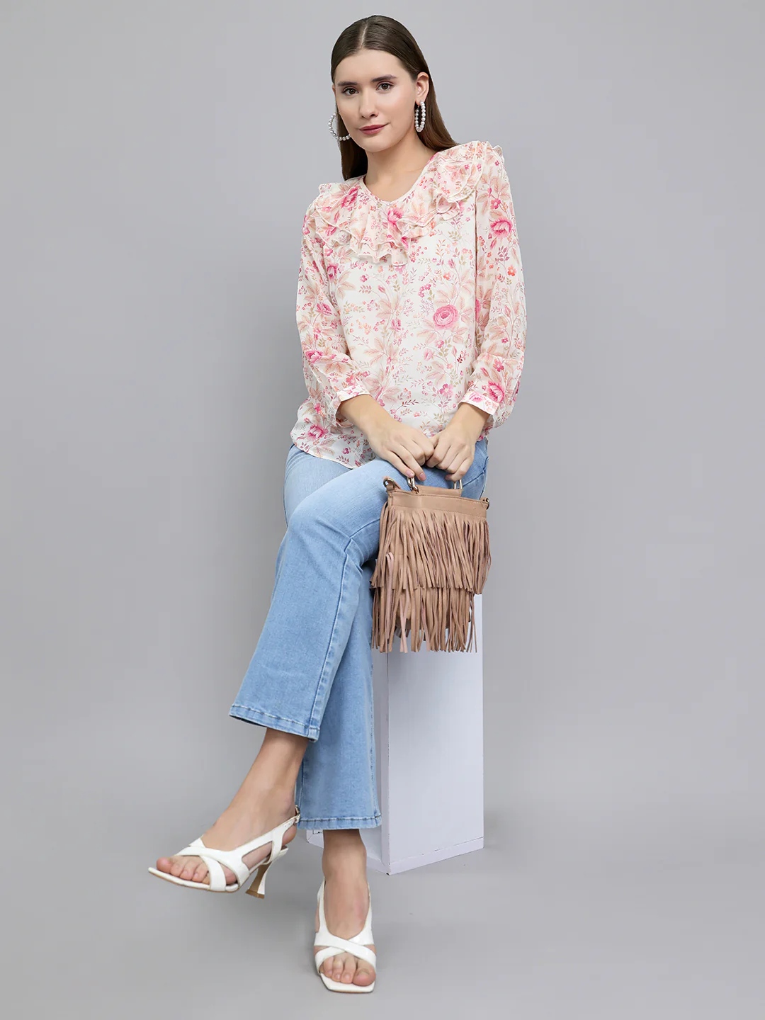 Women Pink Floral Print Fashion Neck Full Sleeve Top - Image 6