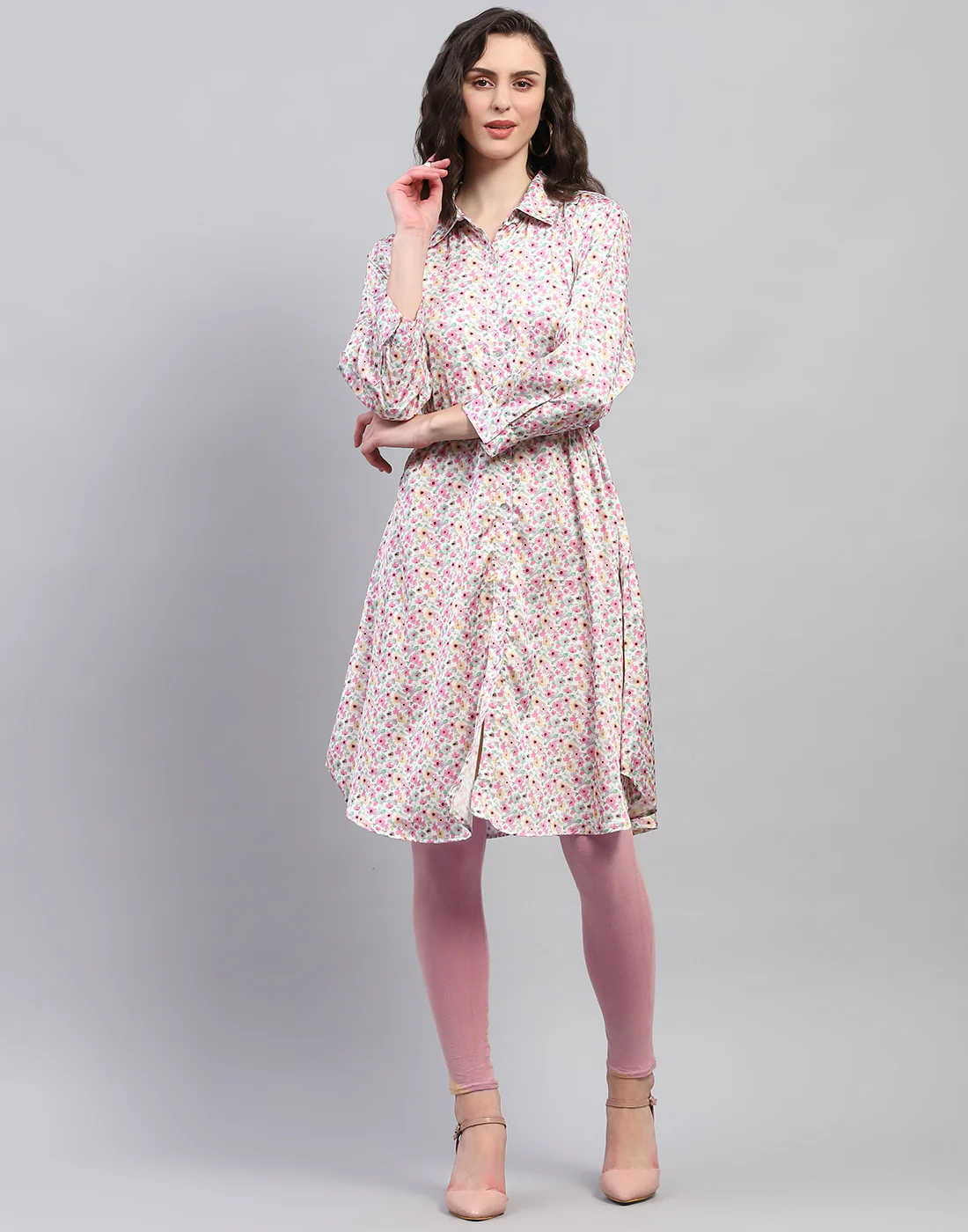 Women Pink Floral Print V Neck 3/4 Sleeve Dress - Image 3