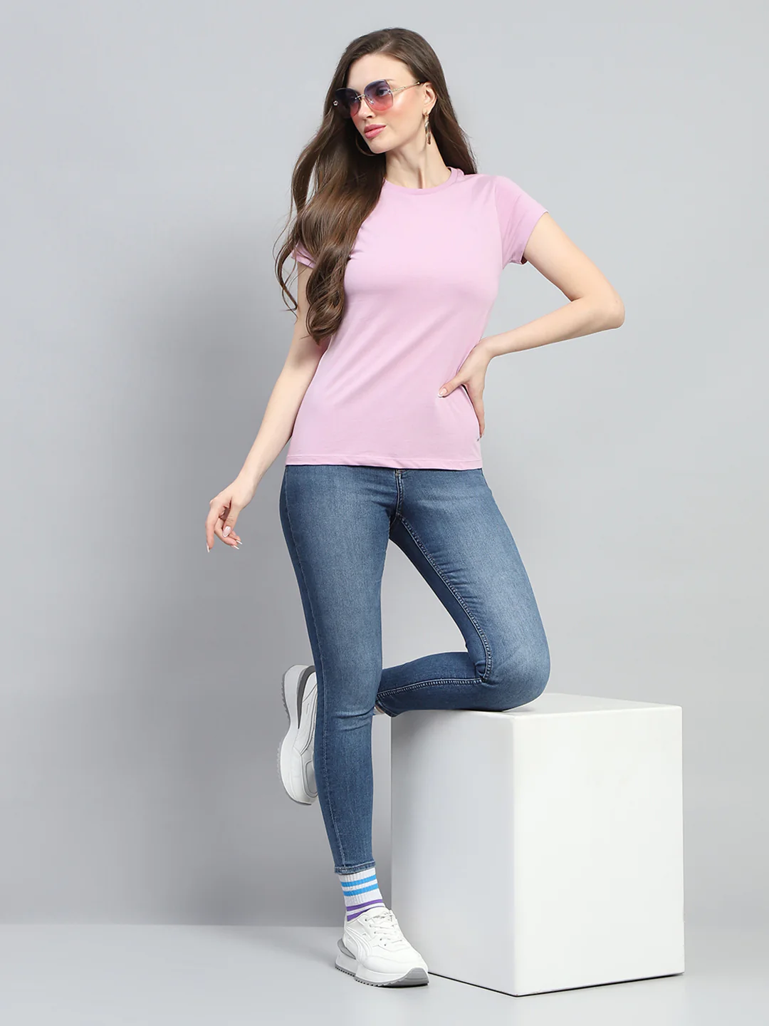 Women Pink & Green Solid Round Neck Half Sleeve Top 2Pc Set - Image 2