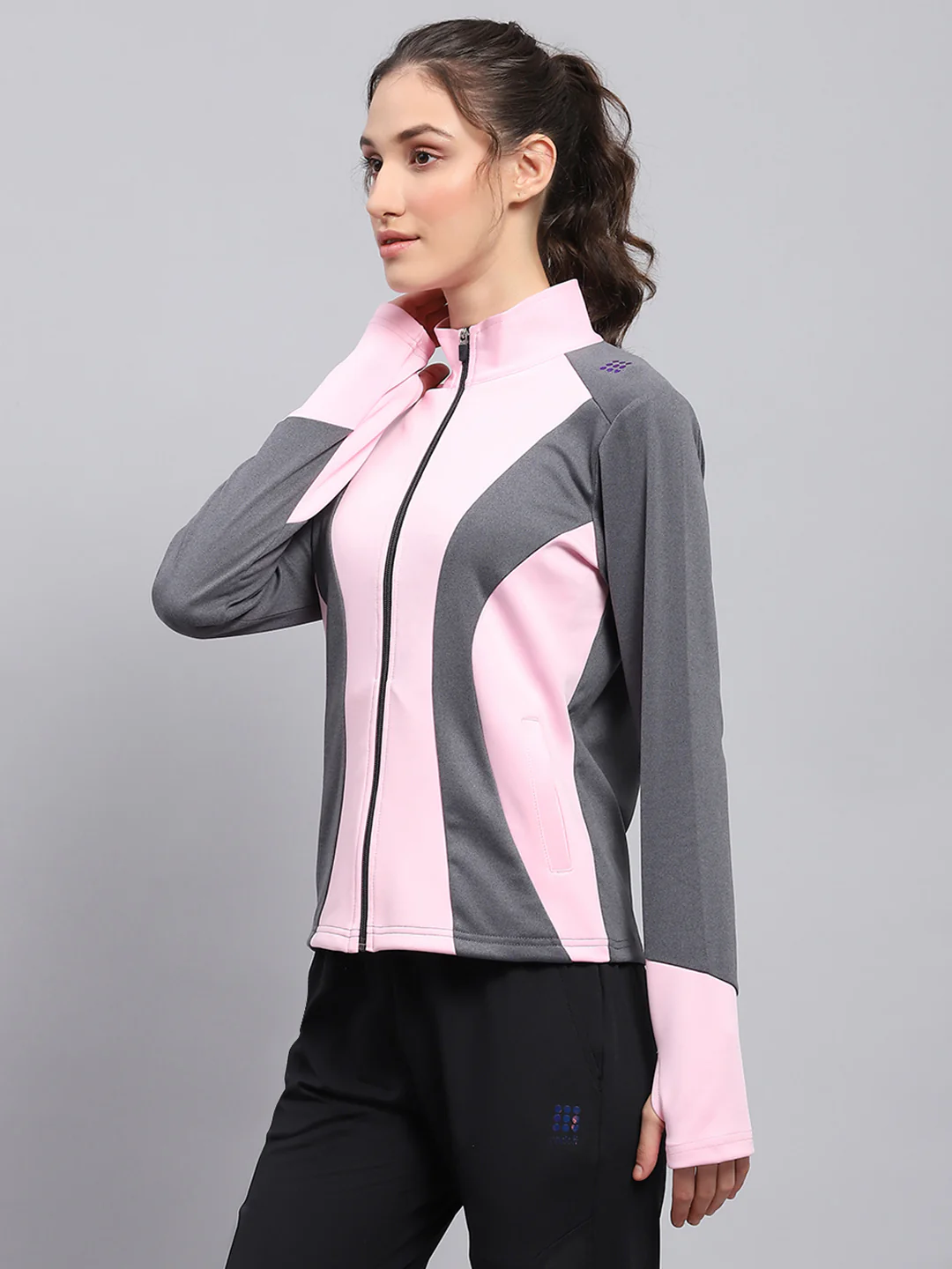 Rock.it Women Pink & Grey Solid Mock Neck Full Sleeve Sweatshirt - Image 3