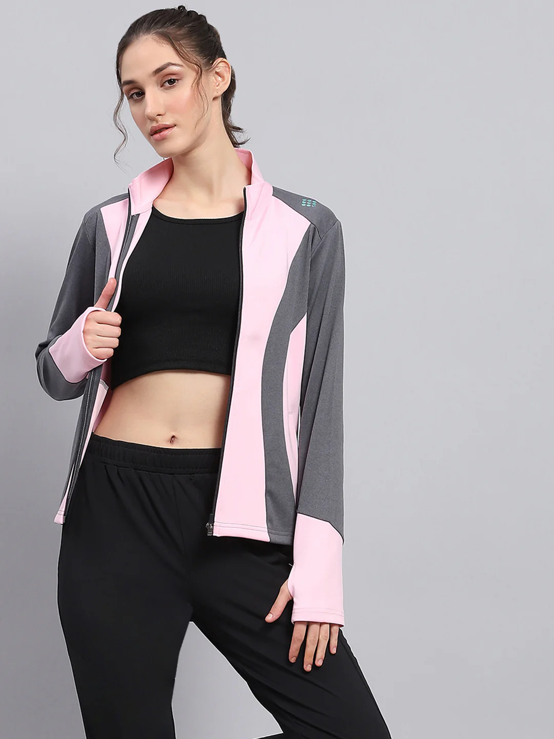 Rock.it Women Pink & Grey Solid Mock Neck Full Sleeve Sweatshirt - Image 6