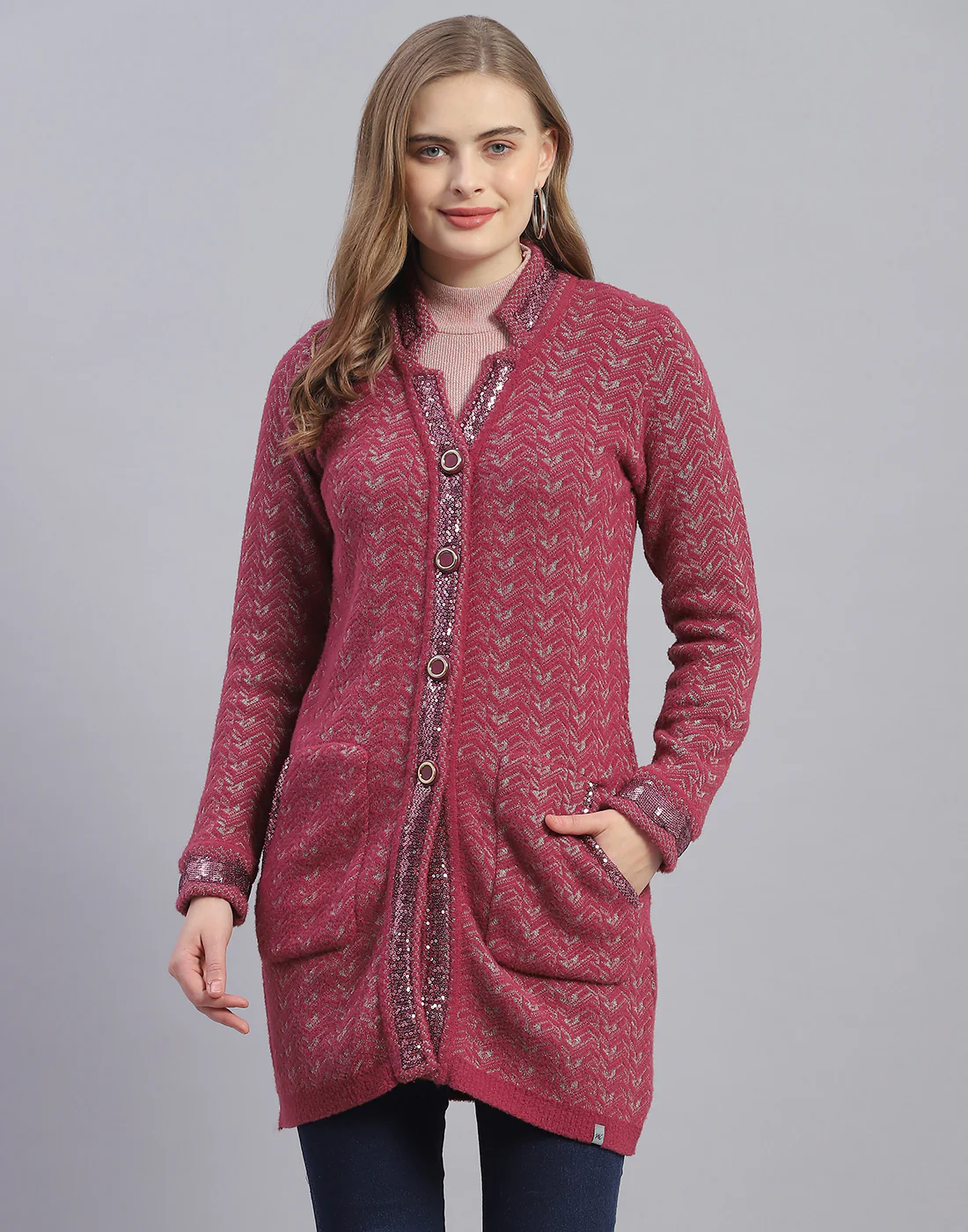 Women Pink Jaquard V Neck Full Sleeve Cardigan - Image 2