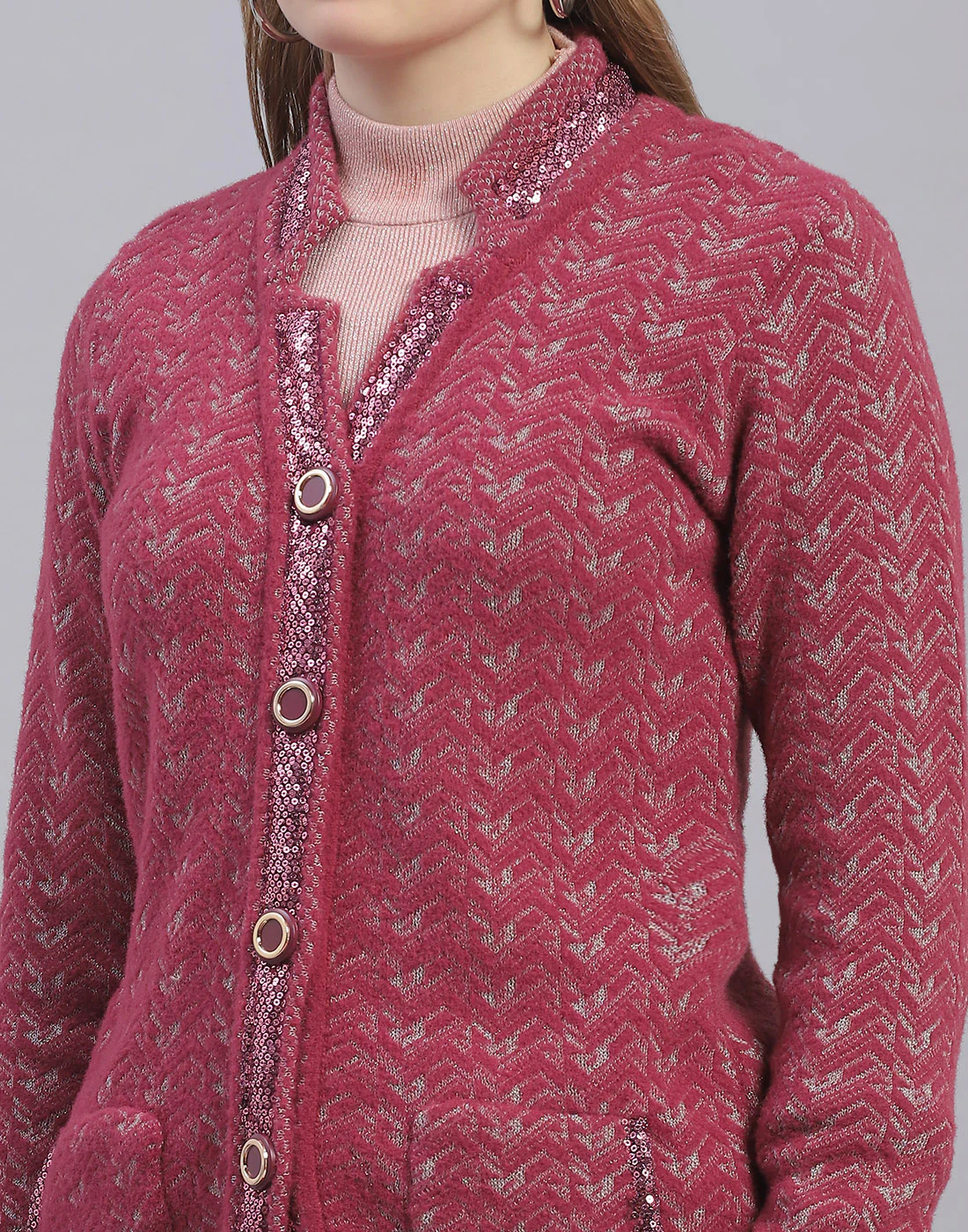 Women Pink Jaquard V Neck Full Sleeve Cardigan - Image 7