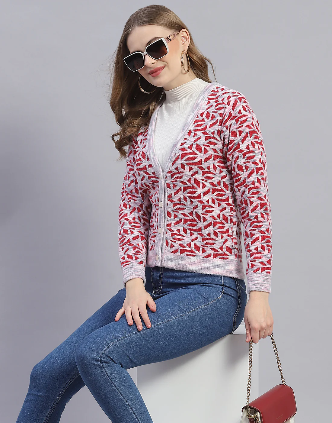 Women Pink Jaquard V Neck Full Sleeve Cardigan - Image 6