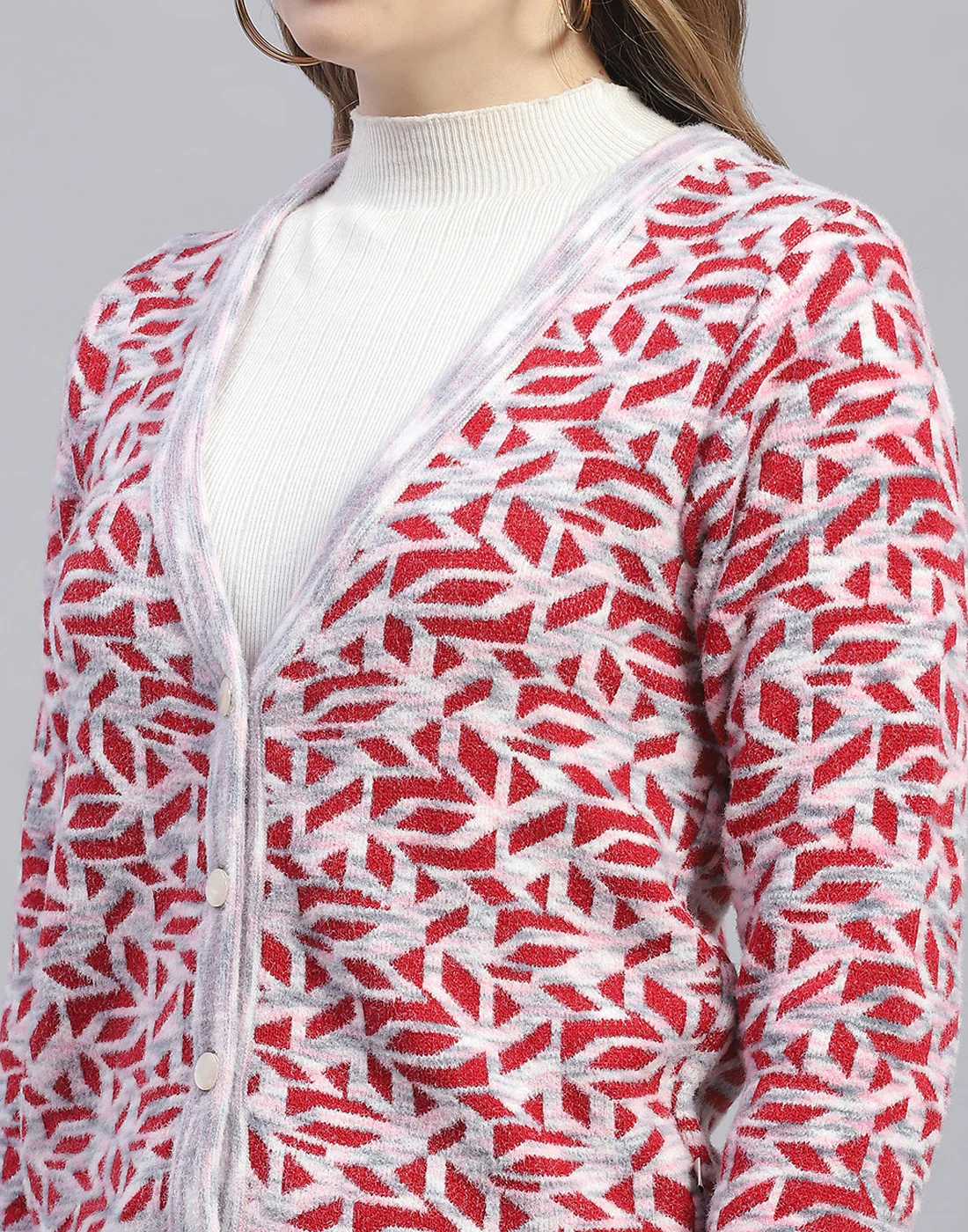 Women Pink Jaquard V Neck Full Sleeve Cardigan - Image 7