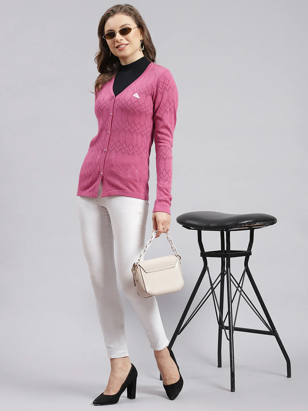 Women Pink Jaquard Wool blend Cardigan - Image 2