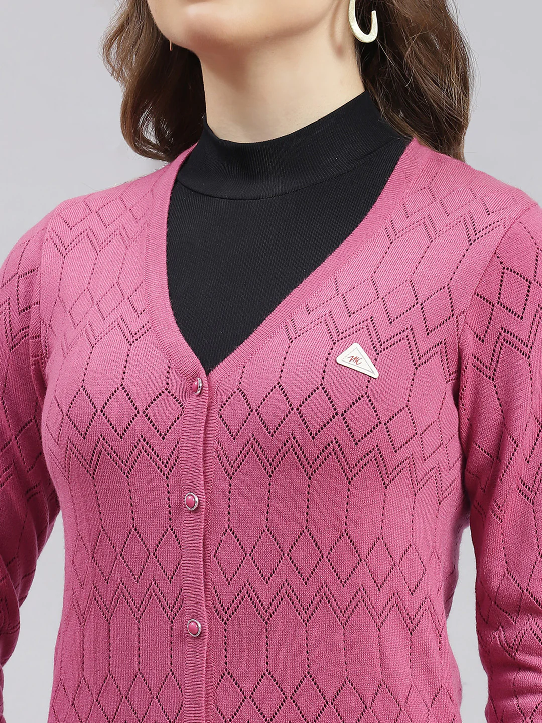 Women Pink Jaquard Wool blend Cardigan - Image 6