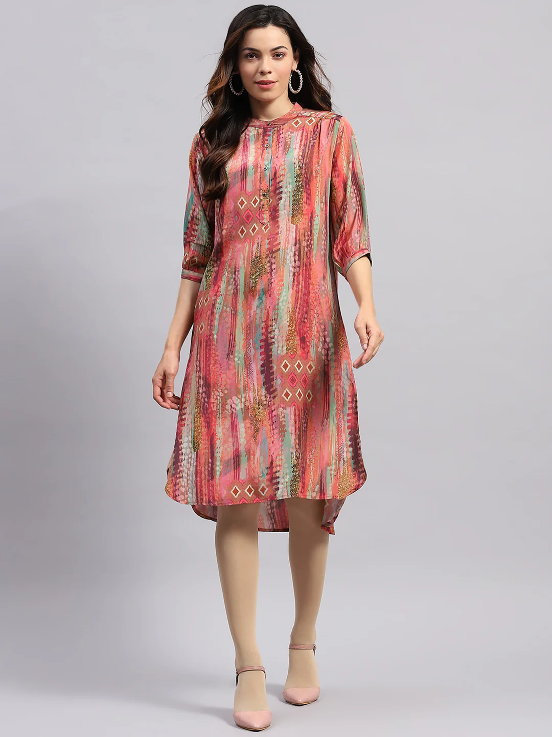 Women PINK Printed Band Collar 3/4 Sleeve Tunic - Image 3