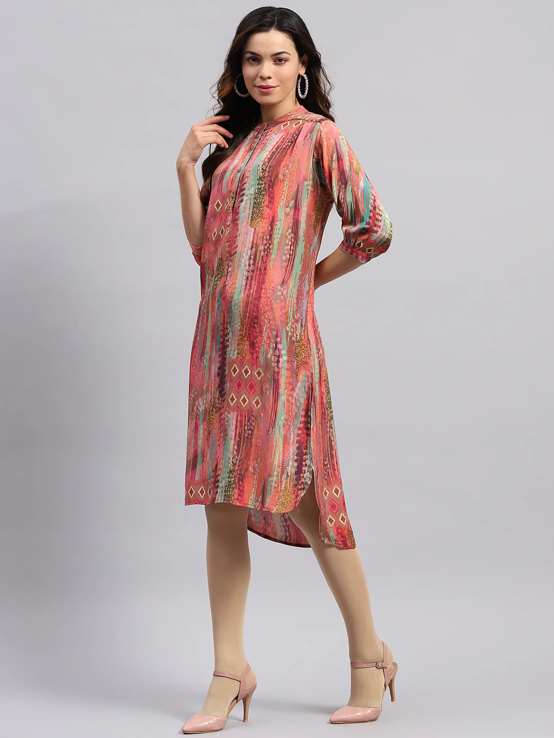 Women PINK Printed Band Collar 3/4 Sleeve Tunic - Image 4