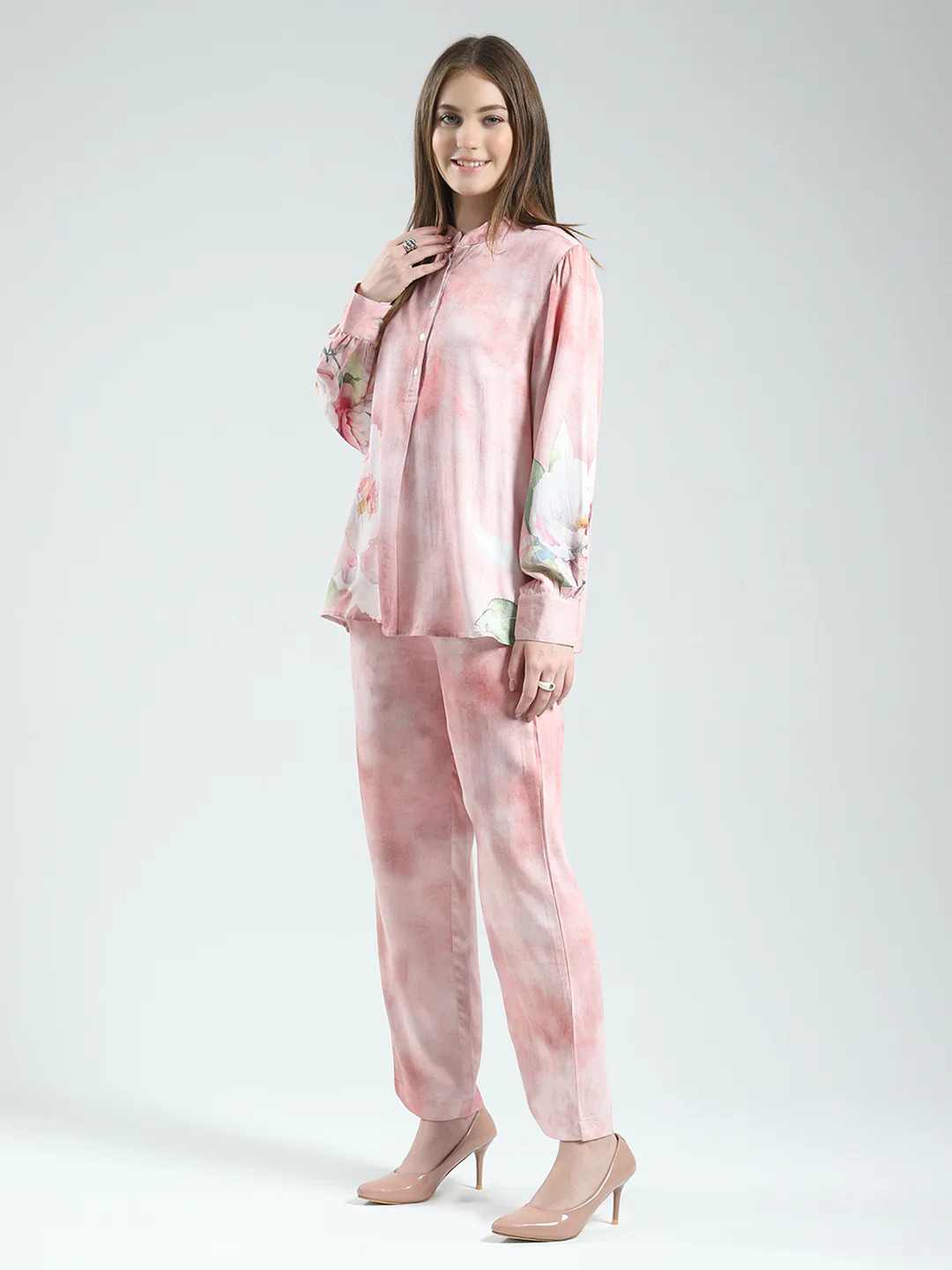 Women Pink Printed Band Neck Full Sleeve Cords Set - Image 4
