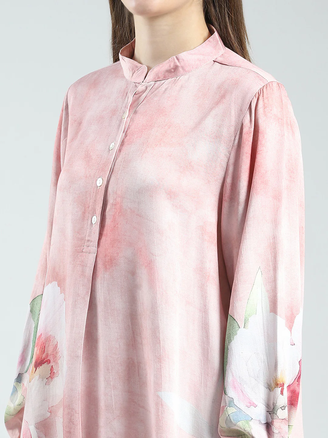 Women Pink Printed Band Neck Full Sleeve Cords Set - Image 8