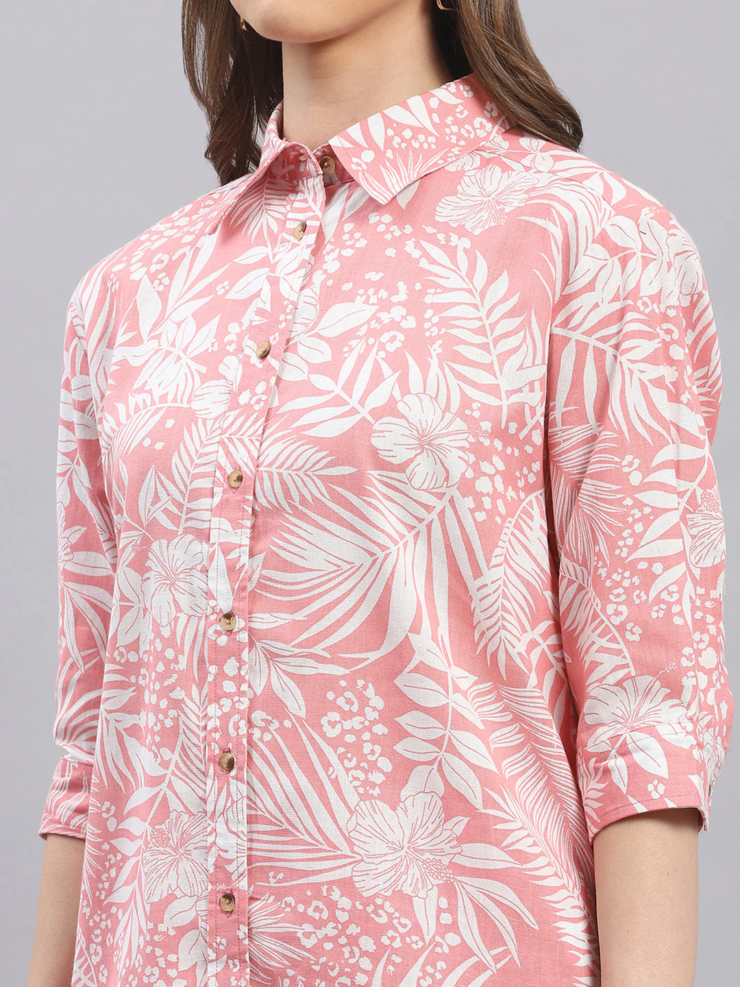 Women Pink Printed Collar 3/4 Sleeve Cords Set - Image 2