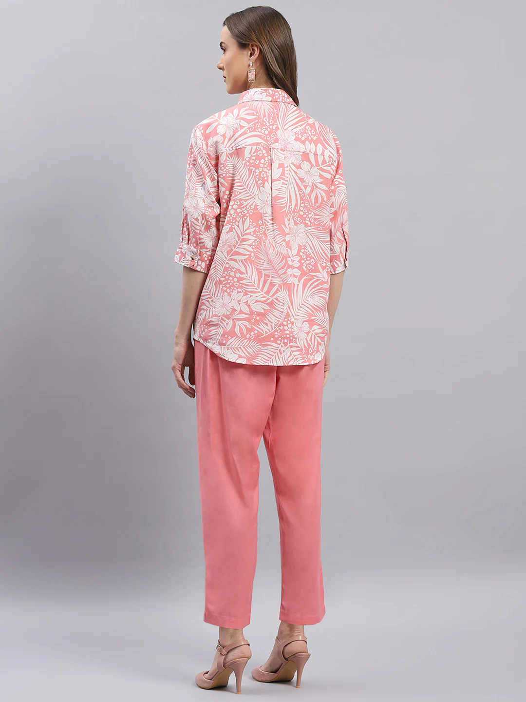 Women Pink Printed Collar 3/4 Sleeve Cords Set - Image 6