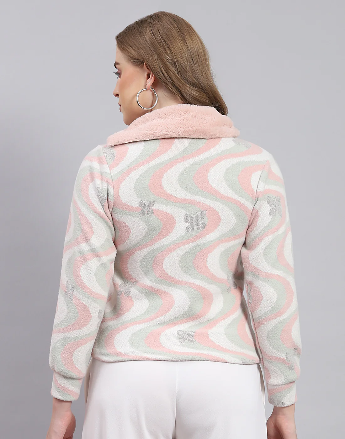 Women Pink Printed Collar Full Sleeve Sweatshirt - Image 5