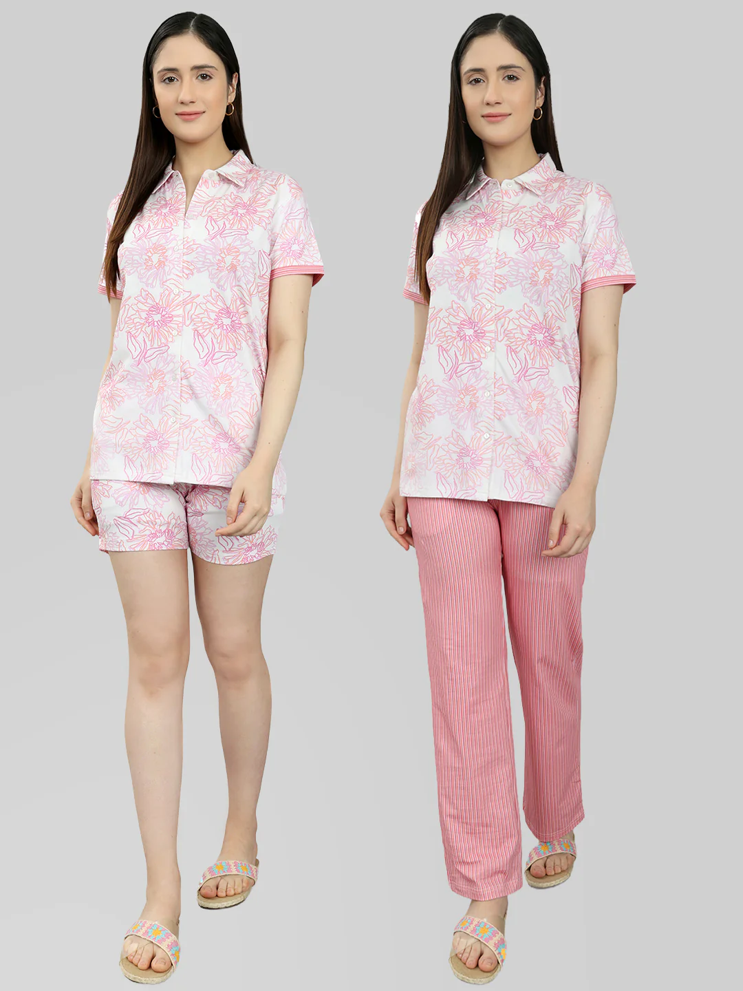 Women Pink Printed Collar Half Sleeve Combo 3 Pc Set (Top, Shorts & Lower)