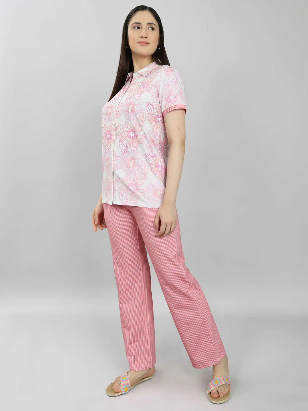 Women Pink Printed Collar Half Sleeve Combo 3 Pc Set (Top, Shorts & Lower) - Image 2