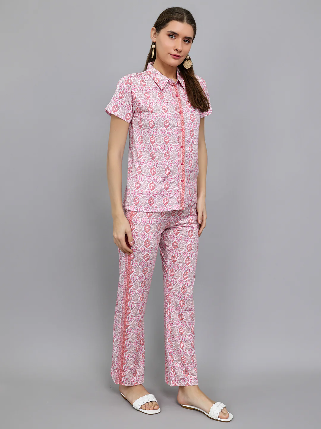 Women Pink Printed Collar Half Sleeve Lower Set - Image 3