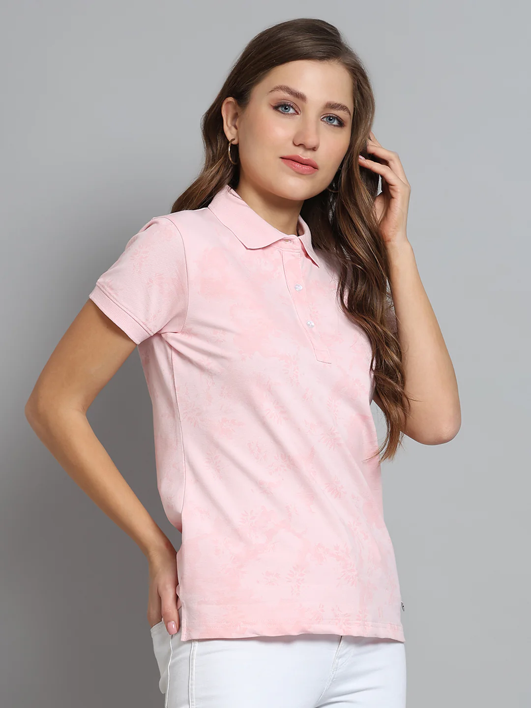 Women Pink Printed Collar Half Sleeve T-Shirt - Image 4