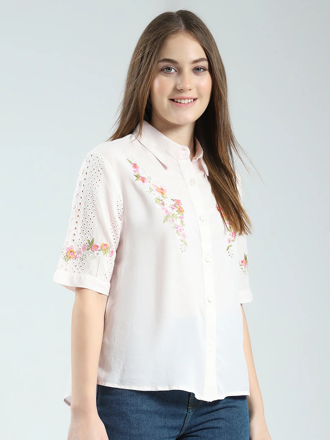 Women Pink Printed Collar Half Sleeve Top - Image 4