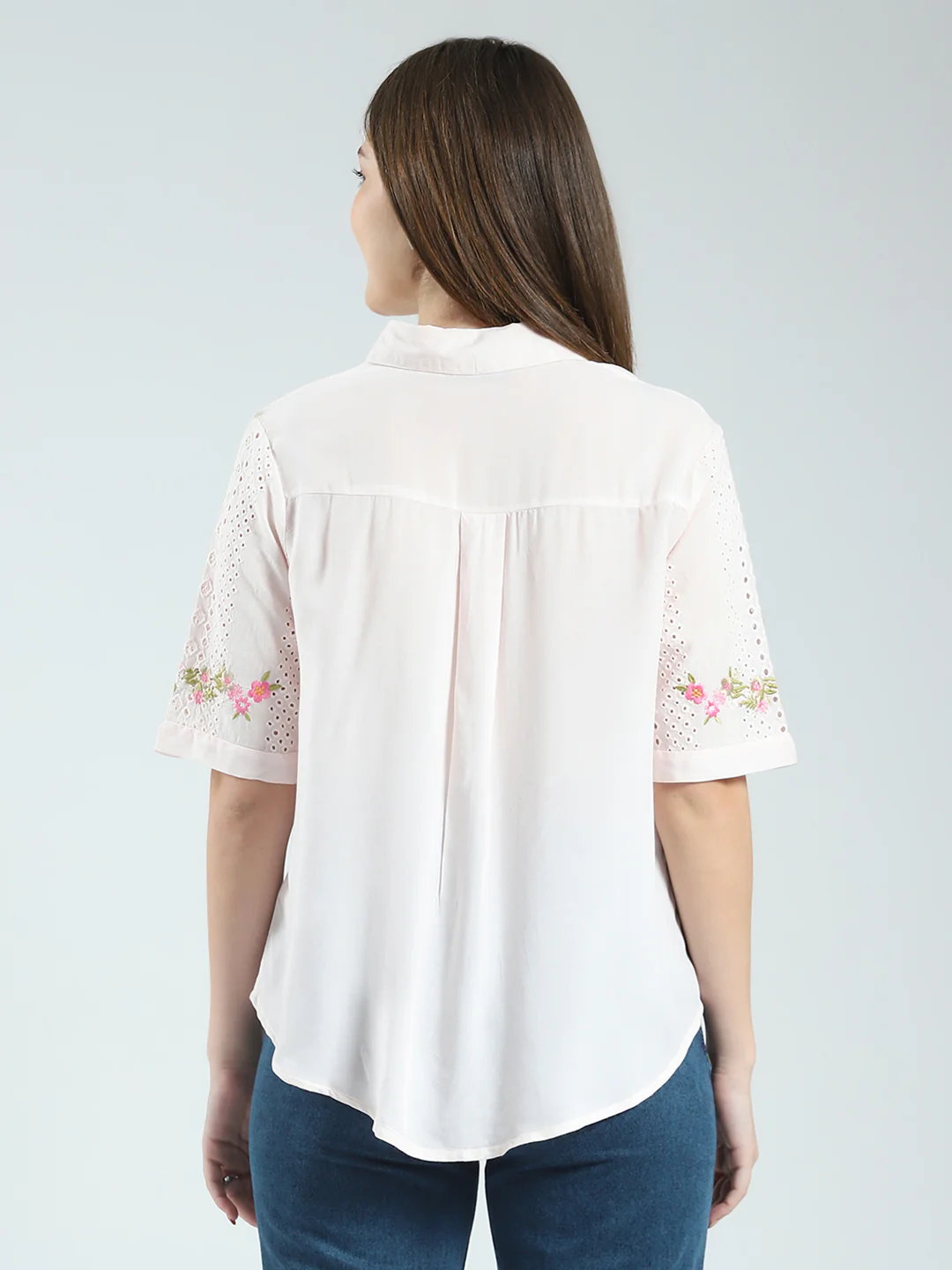 Women Pink Printed Collar Half Sleeve Top - Image 5