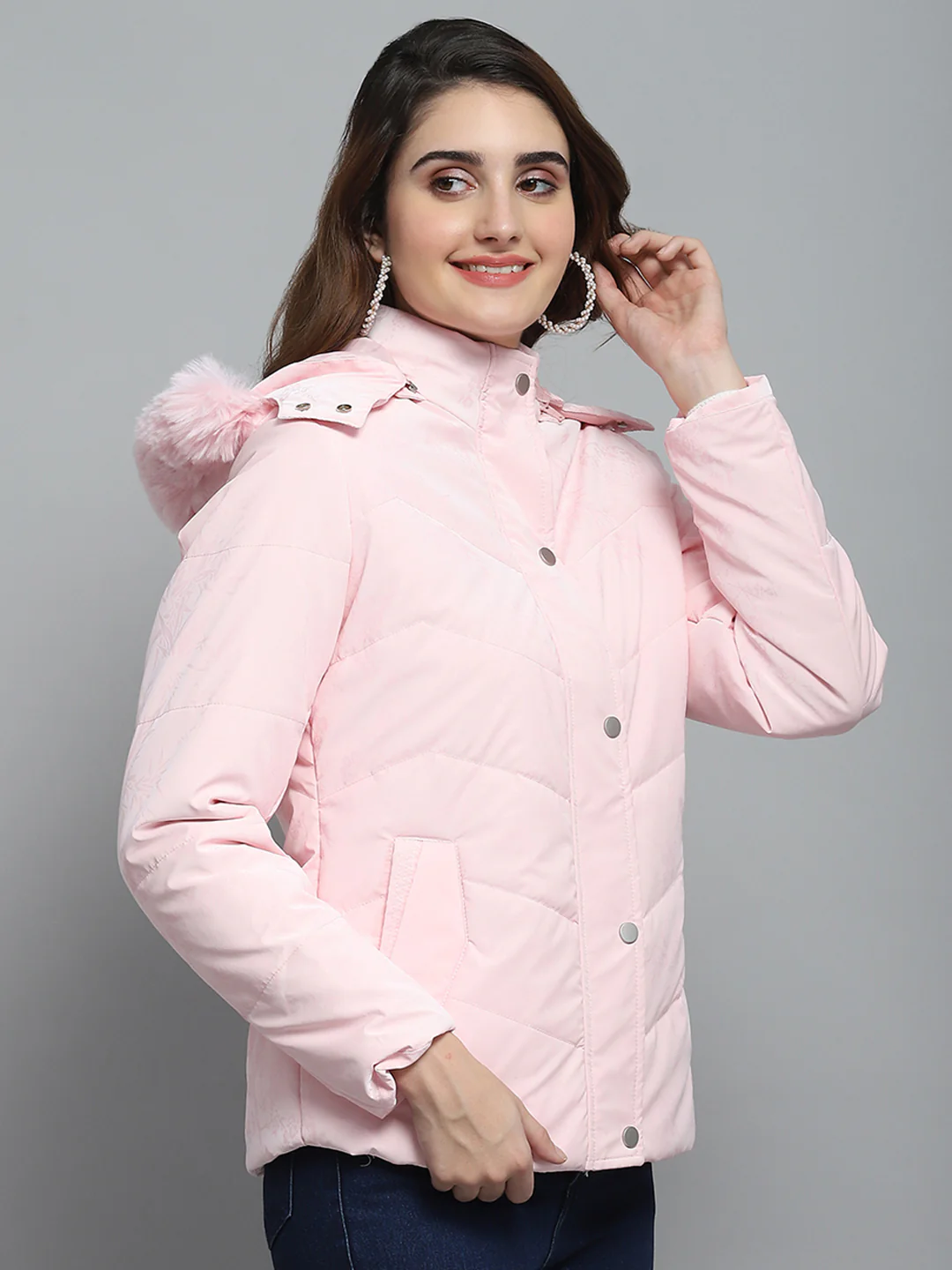 Women Pink Printed Detachable Hood Full Sleeve Jacket - Image 4