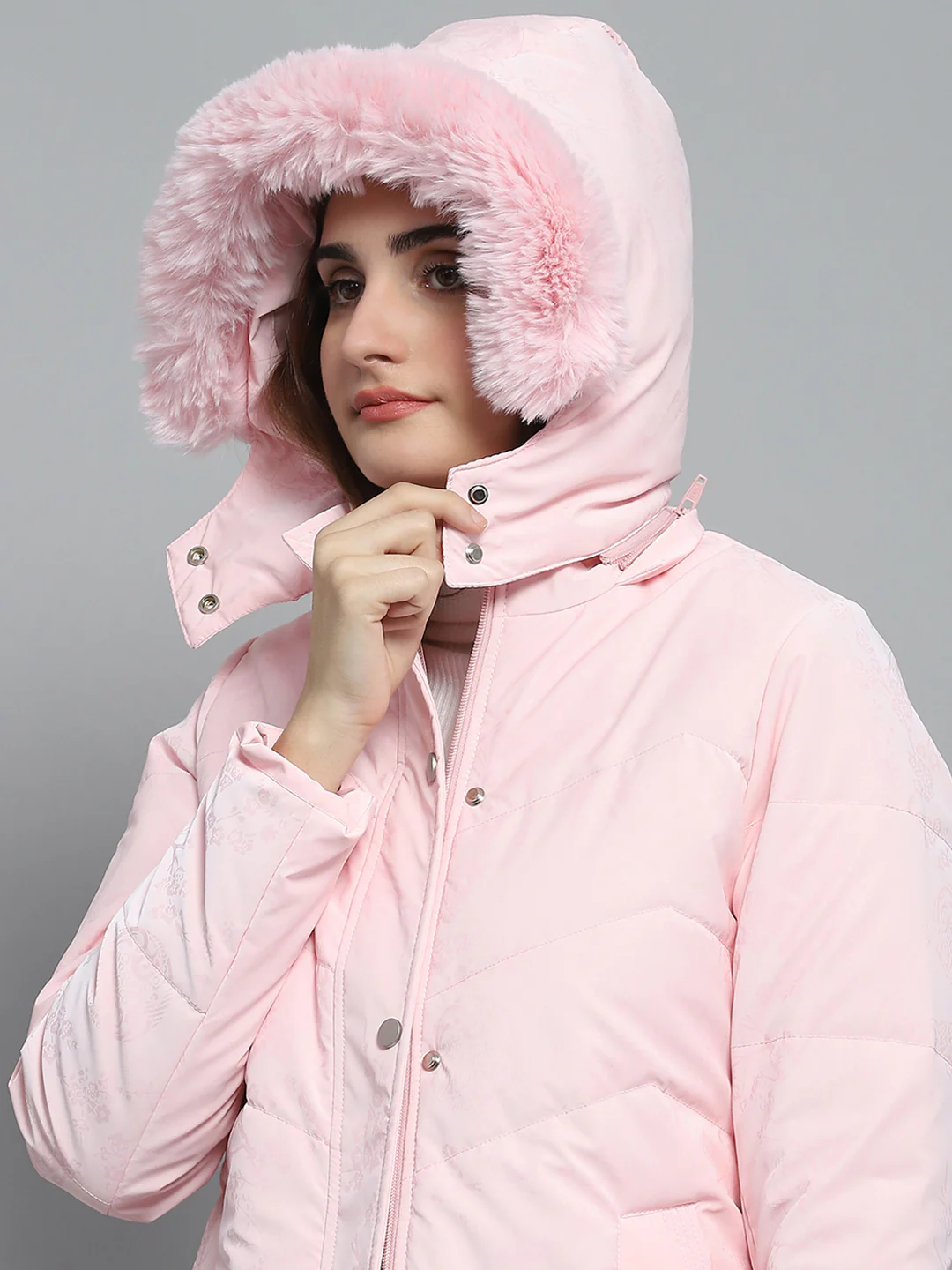 Women Pink Printed Detachable Hood Full Sleeve Jacket - Image 7