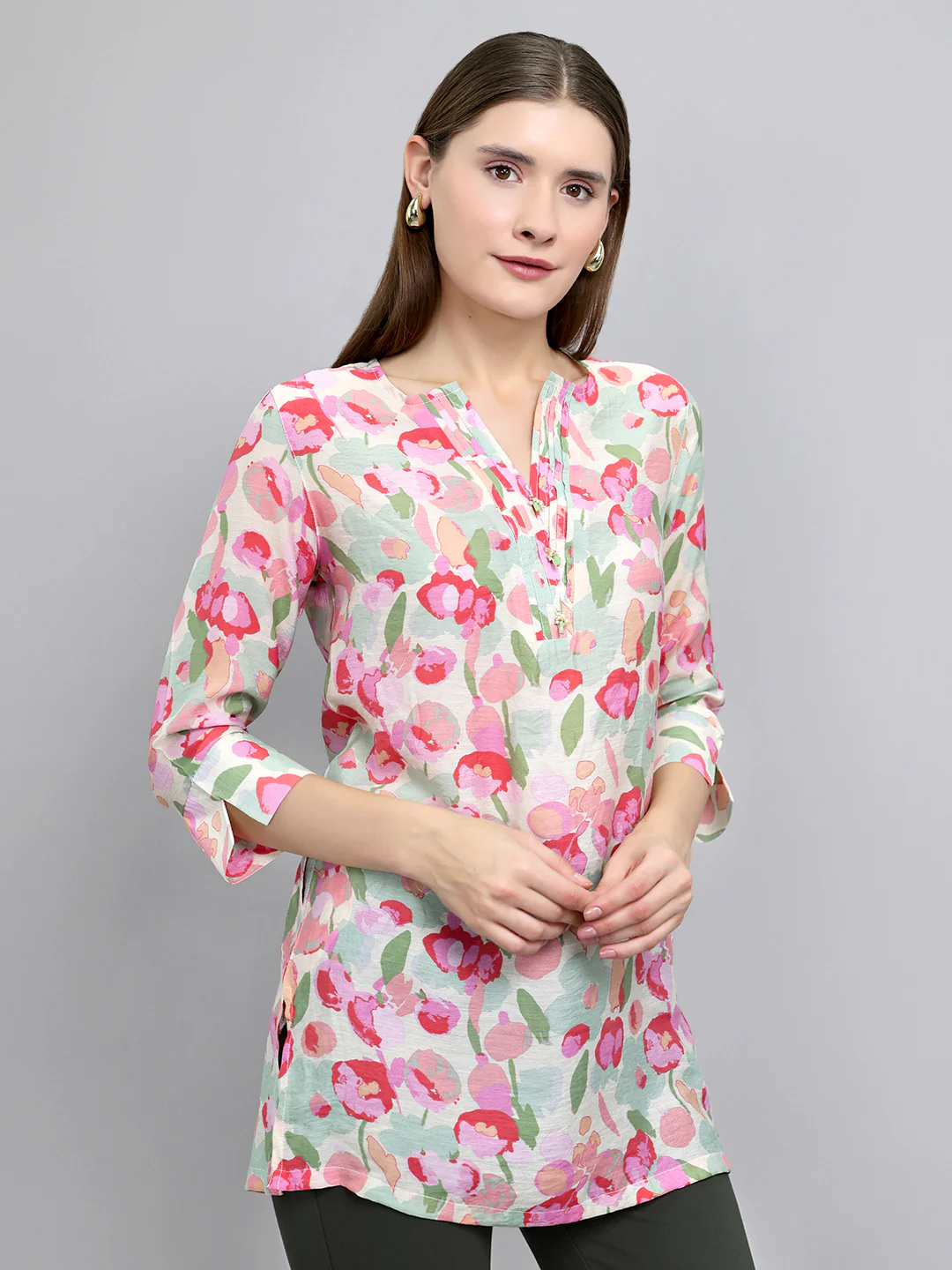 Women Pink Printed Fashion Neck 3/4th Sleeve Kurti - Image 3