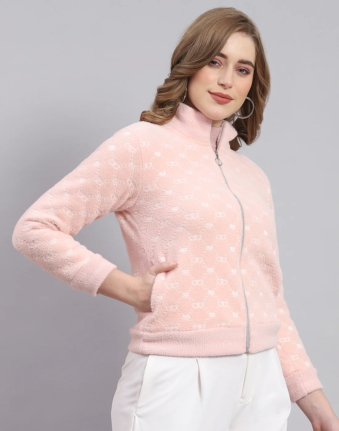 Women Pink Printed H Neck Full Sleeve Sweatshirt - Image 5