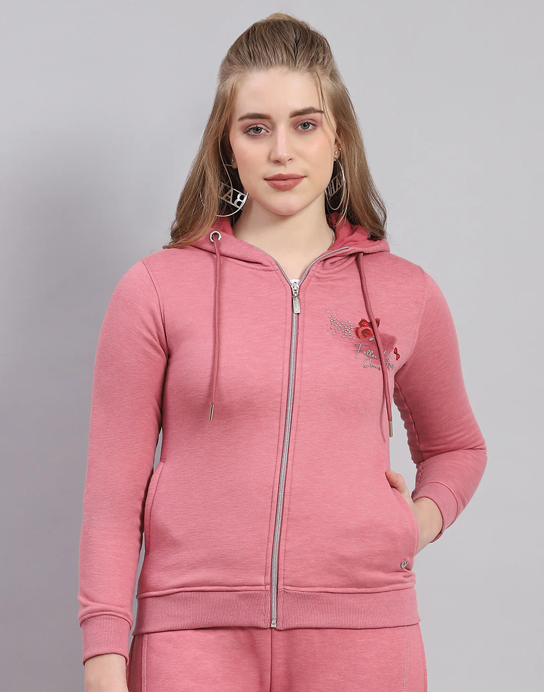 Women Pink Printed Hooded Full Sleeve Sweatshirt - Image 3
