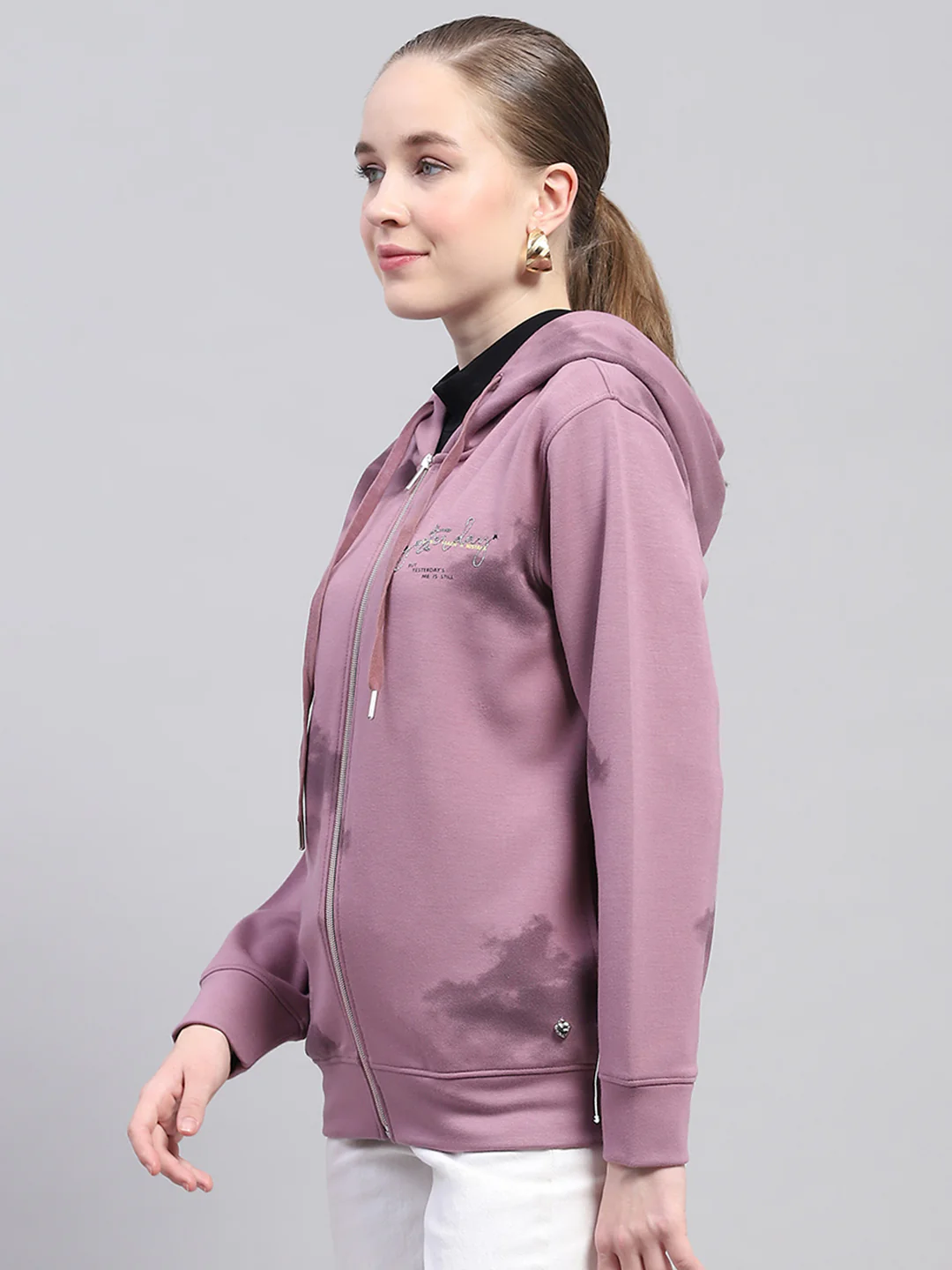 Women Pink Printed Hooded Full Sleeve Sweatshirt - Image 3