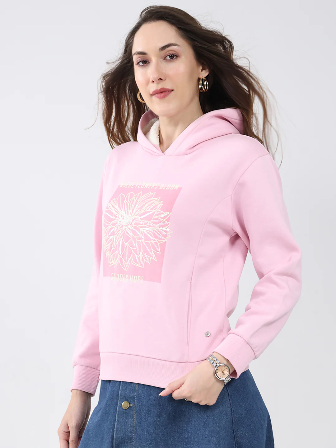 Women Pink Printed Hooded Full Sleeve Sweatshirt - Image 3