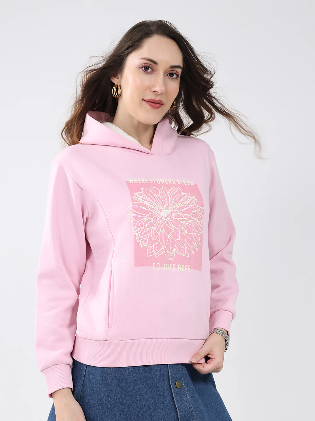Women Pink Printed Hooded Full Sleeve Sweatshirt - Image 4