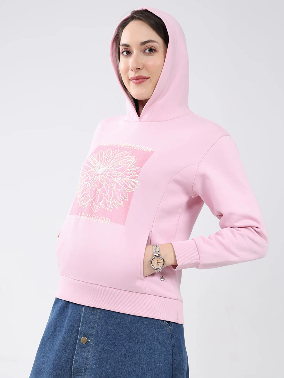 Women Pink Printed Hooded Full Sleeve Sweatshirt - Image 6