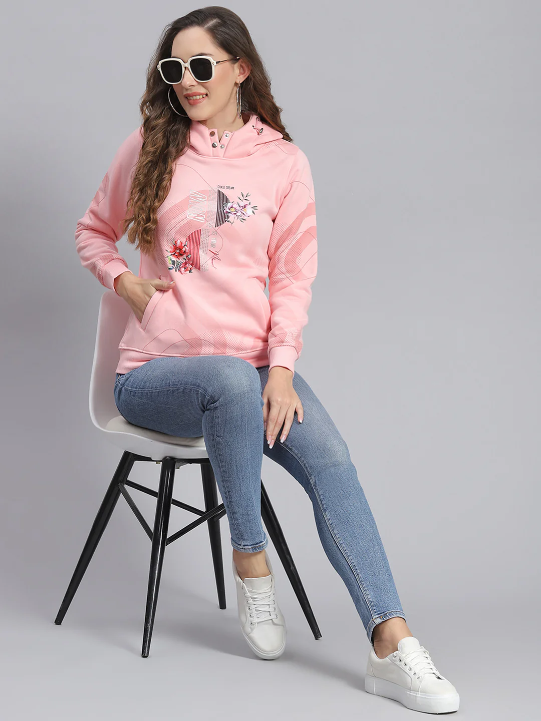 Women Pink Printed Hooded Full Sleeve Sweatshirts - Image 2