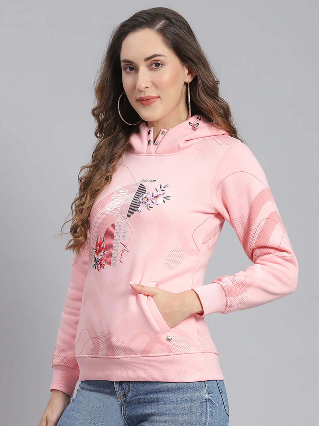 Women Pink Printed Hooded Full Sleeve Sweatshirts - Image 3