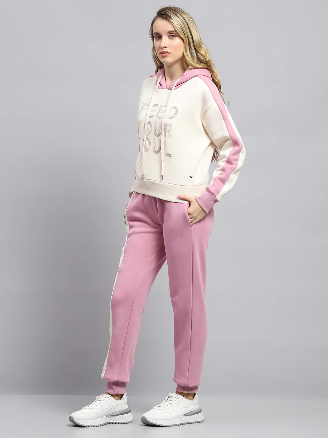 Women Pink Printed Hooded Full Sleeve Tracksuit - Image 3