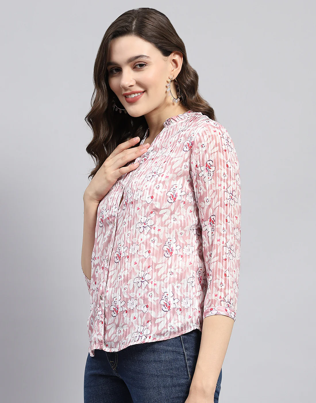 Women Pink Printed Mandarin Neck 3/4 Sleeve Top - Image 3