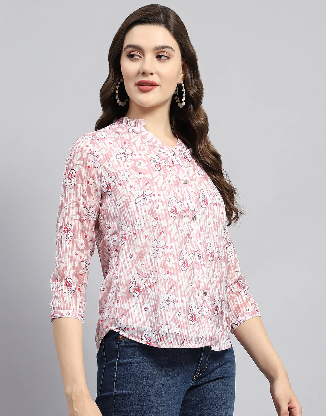 Women Pink Printed Mandarin Neck 3/4 Sleeve Top - Image 4