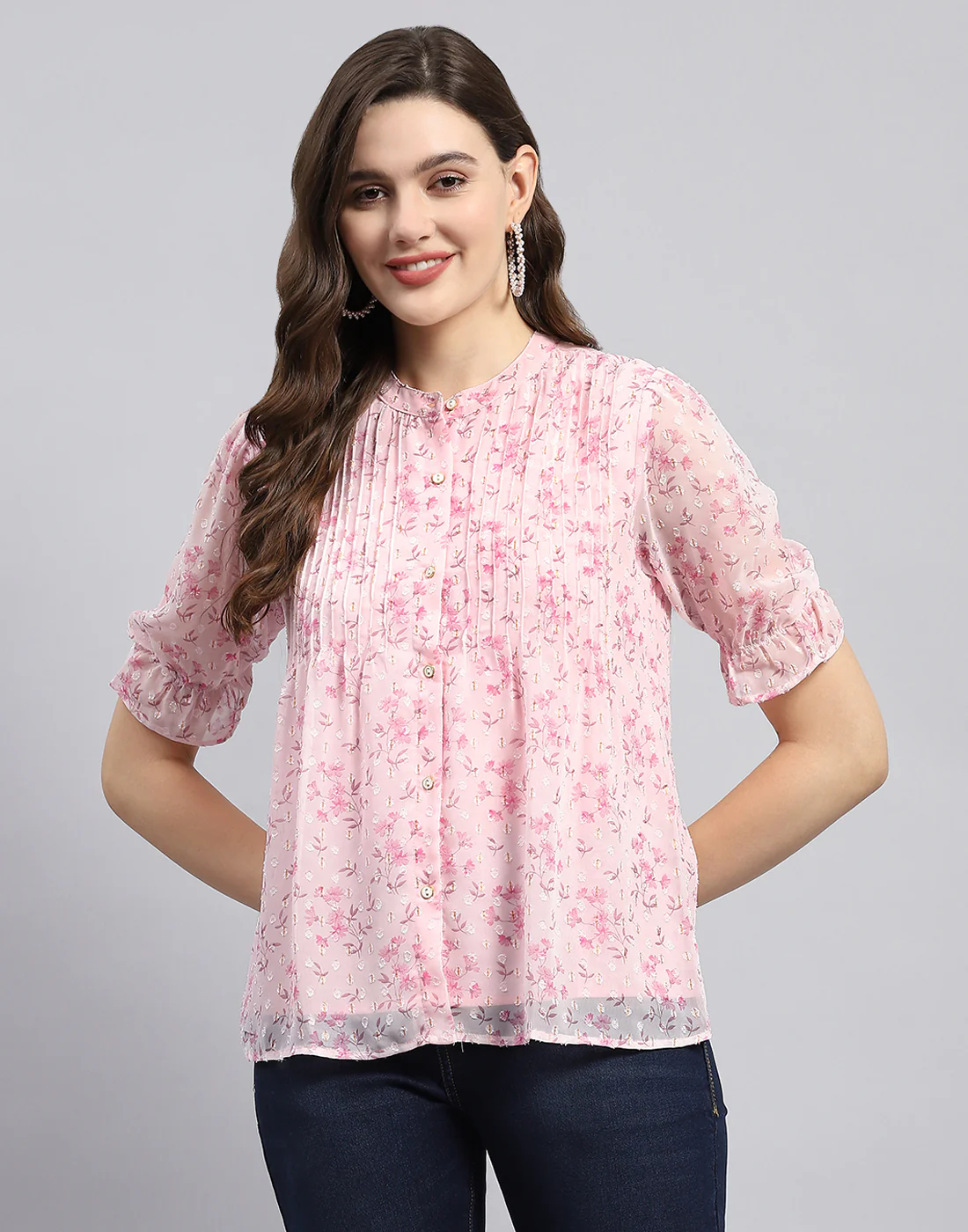 Women Pink Printed Mandarin Neck Half Sleeve Top - Image 3