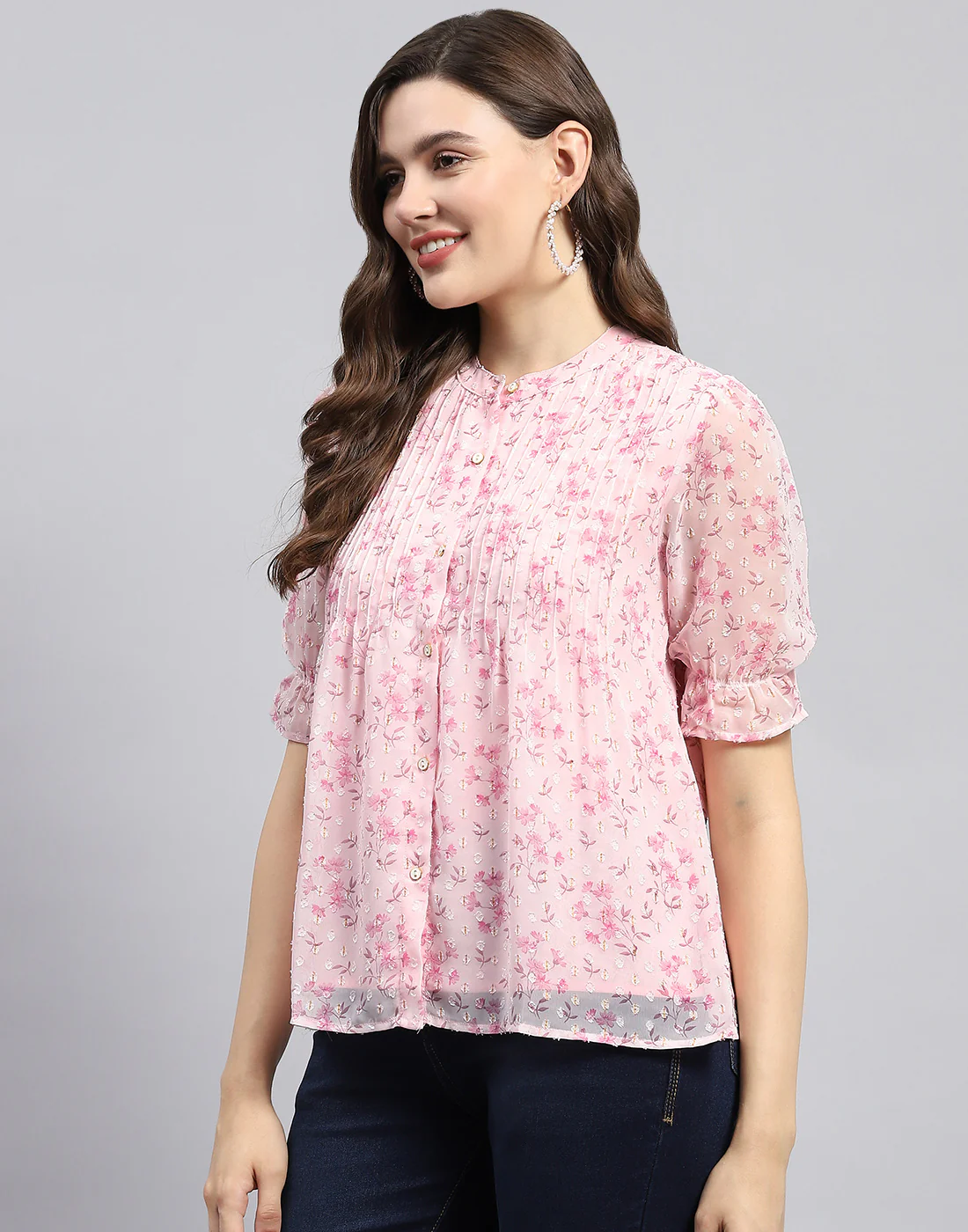 Women Pink Printed Mandarin Neck Half Sleeve Top - Image 4