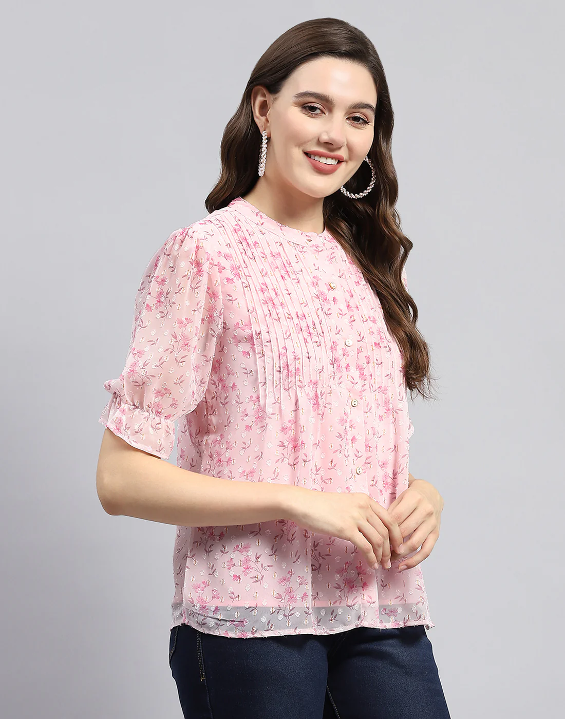 Women Pink Printed Mandarin Neck Half Sleeve Top - Image 5